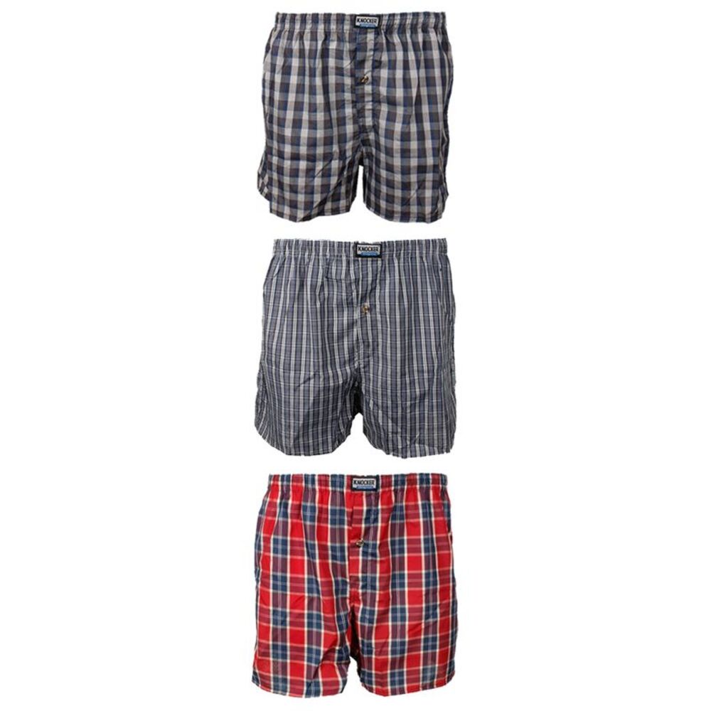 Knocker Men's 3 Pack Plaid Button Fly Boxer Shorts Red Multi